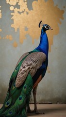 Stylized image featuring a vibrant peacock against a textured concrete backdrop and gold abstract elements ideal for wallpaper murals or frescos © Pixel Matrix