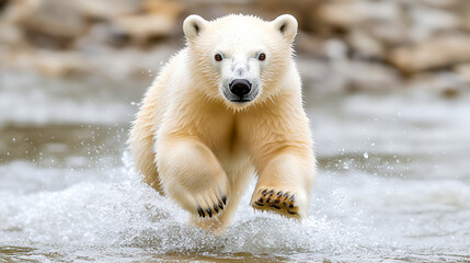 Polar bear running through water, showcasing its agility and strength in natural habitat.