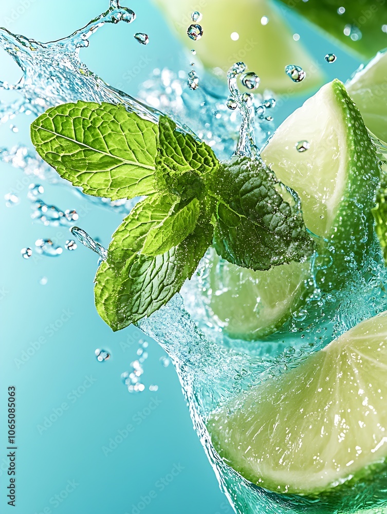 Poster Mint Leaves and Lime Slices in Dynamic Water Motion on Aqua Background : Generative AI