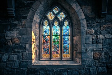 Fototapeta premium A stunning historic stained glass window adorns a medieval stone wall, its colorful panels casting a mesmerizing glow, blending history with artistic beauty.