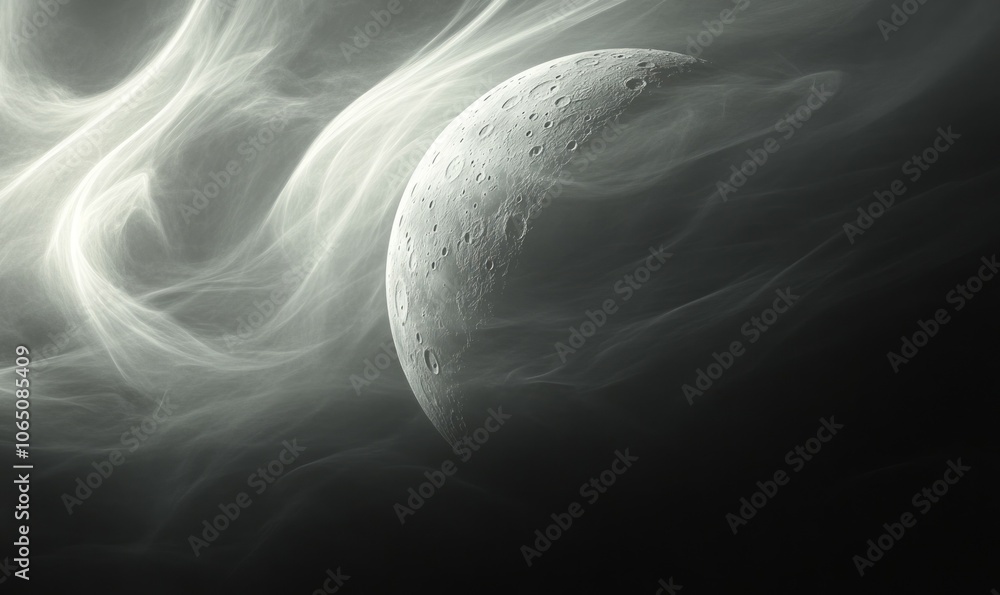 Poster a detailed and focused image of the moon partially obscured by delicate, wispy clouds, adding a myst