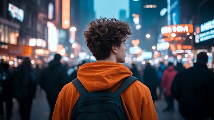 Fototapeta premium A young person in an orange hoodie standing in a bustling urban scene during twilight.