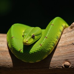 Obraz premium A cutebra snake adorned with vibrant gleaming patterns poses playfully on a rustic wood branch