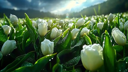 Nature showcases dewy white tulips in vibrant field