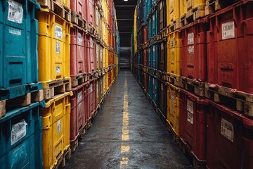 Fototapeta premium Stacked Colorful Plastic Crates in a Narrow Warehouse Aisle