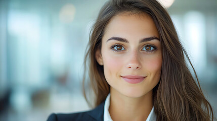 Fototapeta premium Confident woman in a professional setting with blurred office background, dressed in business attire.