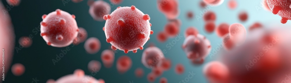 Poster a close-up view of red, spherical cells floating in a blurred background, representing biological pr