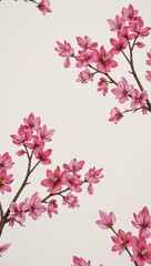Fototapeta premium Floral patterned murals on a minimalist backdrop featuring landscapes and blooming pink flower branches suitable for wall art dcor in homes