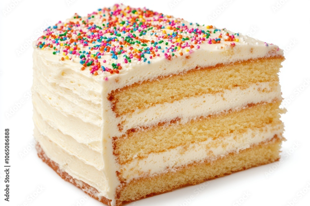 Poster Colorful Cake Slice with Sprinkles Displayed on White Background