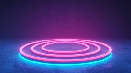 Neon Glow Circle Stage: A captivating display of vibrant pink and blue neon light, arranged in concentric circles on a dark, textured stage. Perfect for showcasing products, branding.