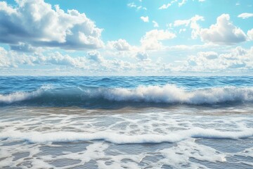 A serene seascape featuring gentle waves lapping against a sunlit shore under a vibrant sky filled with fluffy clouds.