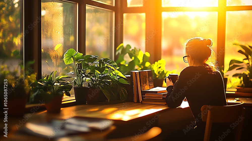 Poster peaceful home office with window views and morning sun enhanced by greenery and books : generative a