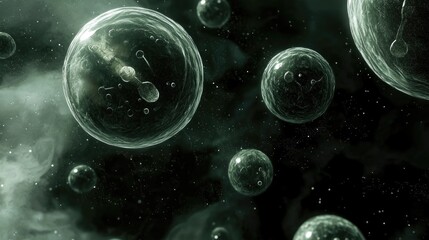 Close-up view of abstract green cells in a dark background.