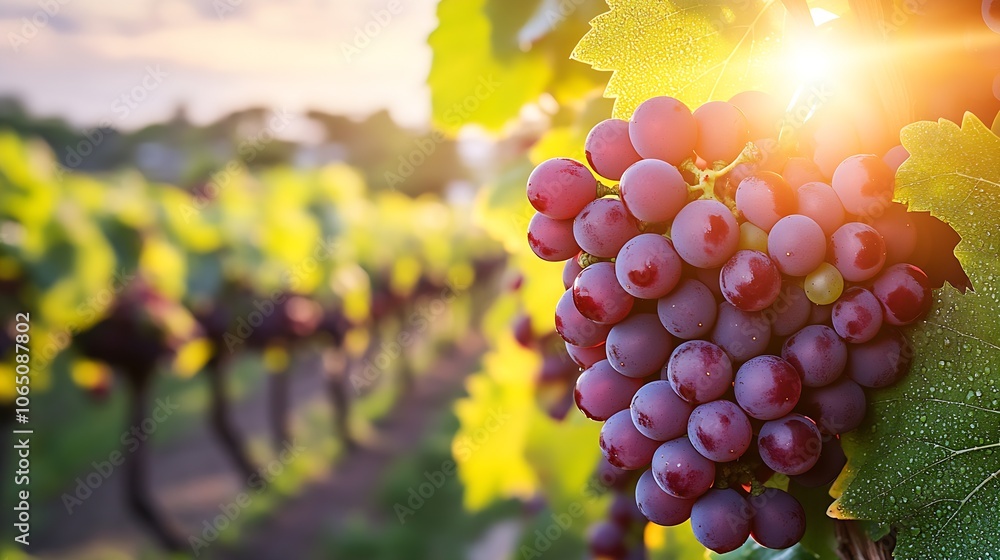 Poster sunlit vineyard with bunch of red grapes in lush greenery : generative ai