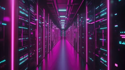 Fototapeta premium Futuristic server room with glowing neon lights and high-tech data storage.