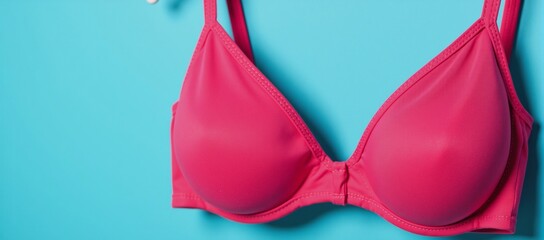 Pink lingerie isolated against a blue backdrop Bra hanging from a hanger