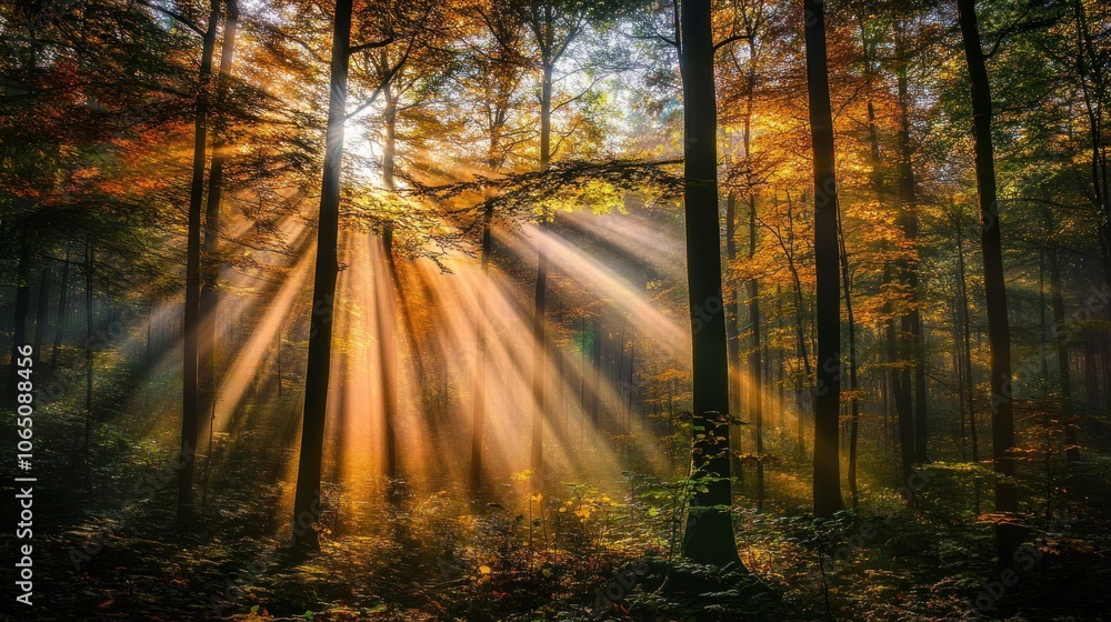 Poster sunbeams pierce through the canopy of a deciduous forest in autumn, creating a mystical and golden a