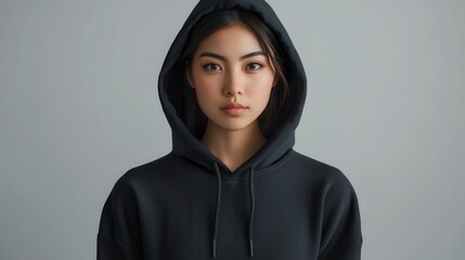 The young woman showcases a dark hoodie, emphasizing its fabric texture and cozy fit