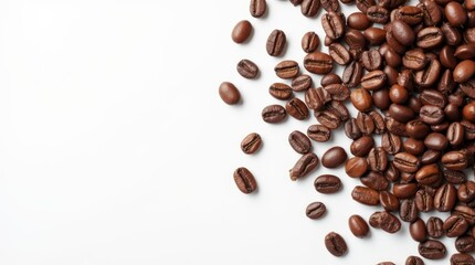 Obraz premium Top-down view of coffee beans scattered on white isolated background