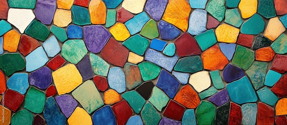 Poster colorful mosaic pattern with different colors and shapes of tiles.