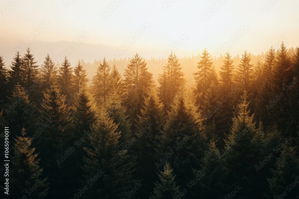 Poster the golden hues of a setting sun cast a warm glow over a forest of tall pine trees, creating a magic