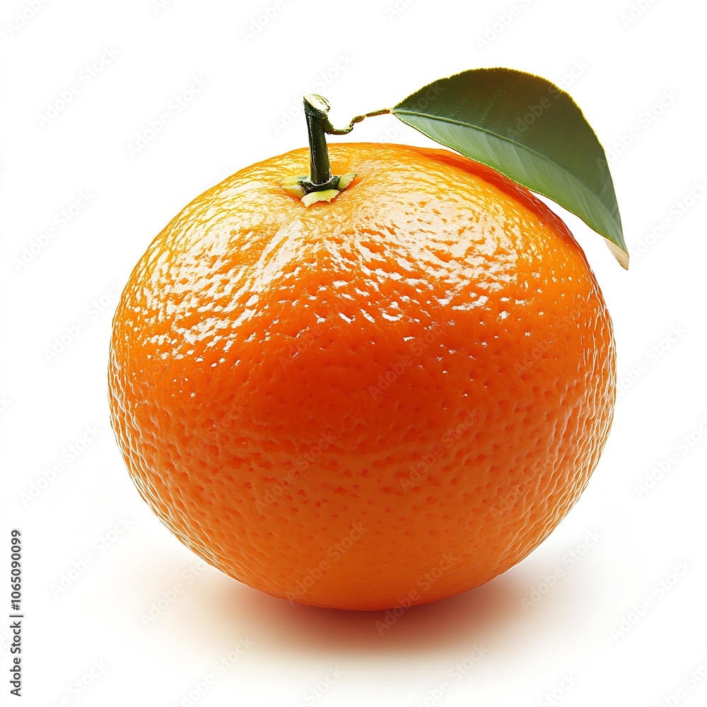 Poster close-up of single ripe orange with leaf isolated on white : generative ai