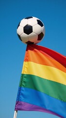 Naklejka premium Soccer ball placed on a colorful LGBTQ rainbow flag