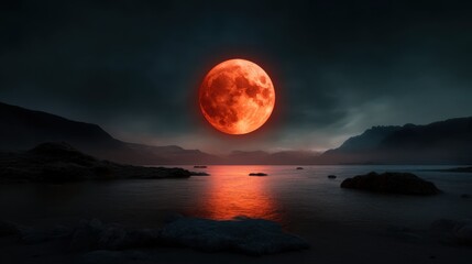 A mesmerizing blood moon illuminates the night sky, casting a fiery reflection on a serene lake. The interplay of shadow and light creates a dramatic vista.