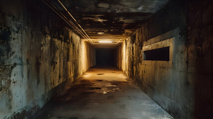 Fototapeta premium Long Underground Tunnel Illuminated By Dim Lights, Displaying A Grungy Industrial Aesthetic With Symmetrical Architecture. Generative AI