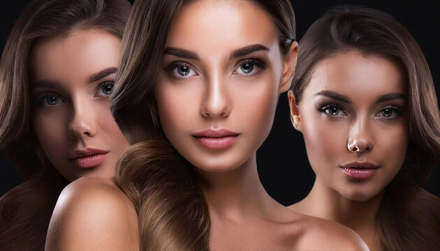 Rostro en primer plano de tres modelos jovenes maquilladas y peinadas con cutis perfecto