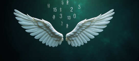 Angel wings displaying numerical flow against a dark greenblue backdrop for numerology themed design