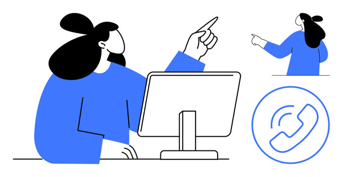 A woman in blue is pointing while interacting with a computer monitor. She is seen in two close-ups, one emphasizing speaking. Ideal for presentations, remote work, communication, technology, office