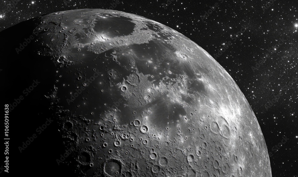 Poster a detailed view of the moon's surface with a backdrop of a starry sky, highlighting the textures and