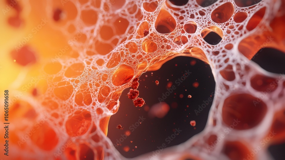 Poster a close-up image showcasing intricate bubbles and vibrant red tones, resembling a unique abstract pa