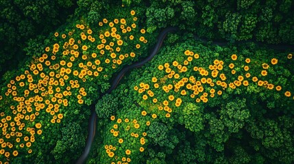 Aerial View of Winding Road Through Sunflower Field