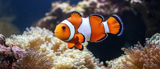 Clownfish swimming through coral, underwater scene