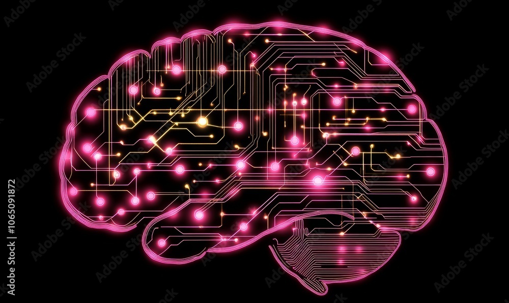 Poster a digital brain with glowing neural pathways in a neon circuit style.
