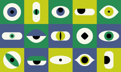 Geometric design with eyes. Modern abstract minimal tiles with eyeball shapes, trendy bauhaus simple elements for poster cover banner. Vector background