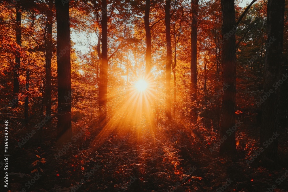Aufkleber Sunlight filters through the autumn forest, creating a warm glow and casting long shadows across the undergrowth, highlighting the beauty of the fall season.