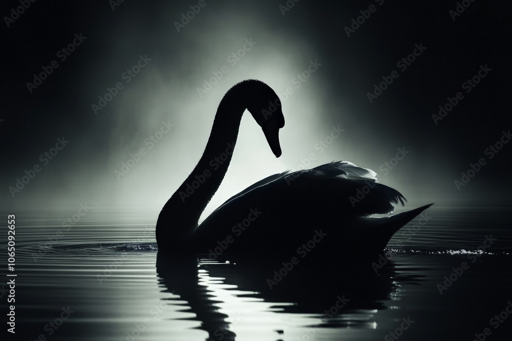 Poster A striking silhouette of a swan is set against a misty backdrop, highlighting its graceful lines and creating an ethereal and artistic representation on the water.