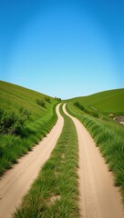 Fototapeta premium Contemplative fork-in-the-road scene amidst verdant hills beneath a crystal-clear sky