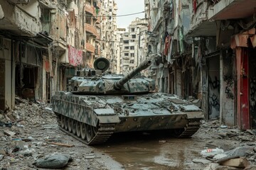 A tank maneuvers through a decaying urban landscape filled with rubble and graffiti, presenting a vivid contrast between military force and civilian disarray.
