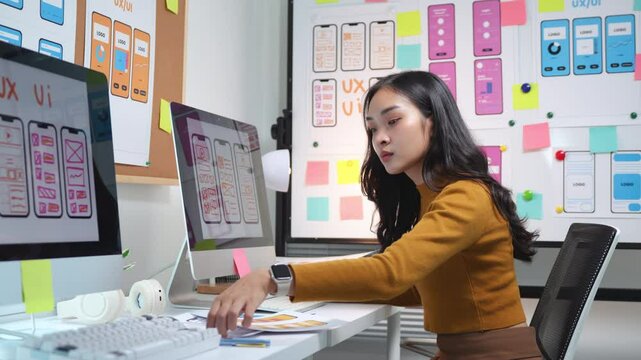 Female ux designer reviewing website design on a computer in a modern office setting, focusing on user experience and interface
