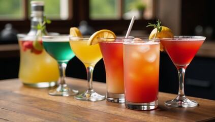 A colorful display of cocktail ingredients is artfully arranged on a rustic wooden bar with natural light
