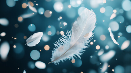 Naklejka premium Large white quill feathers gently floating in the air. Each feather is glowing slightly and are delicate soft focus and bokeh