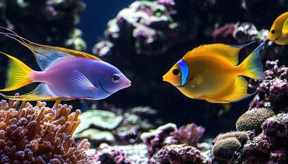 Obraz premium Colorful fish swimming in a coral reef aquarium scene