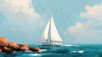Naklejka premium Sailboat Drifting Near Rocky Coastline