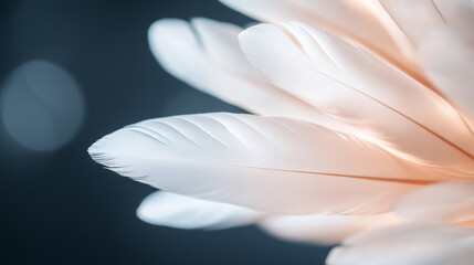Naklejka premium Large white quill feathers gently floating in the air. Each feather is glowing slightly and are delicate soft focus and bokeh