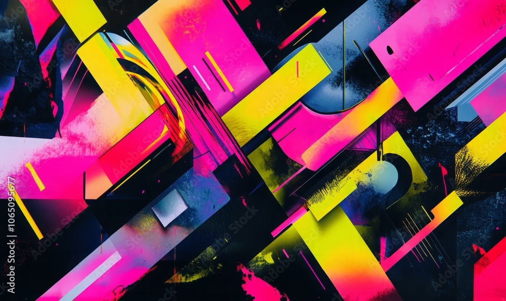 Aufkleber a geometric abstract poster with sharp bold typography in neon colors, featuring dynamic text on a b