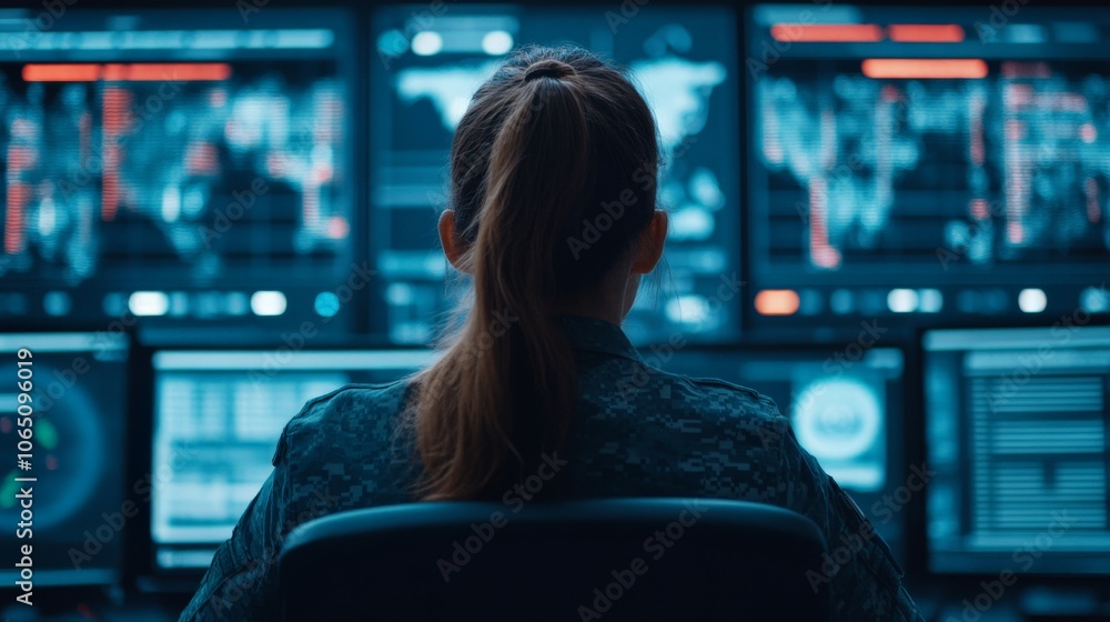 Poster cybersecurity specialist at work: a determined female cybersecurity professional intently monitors m